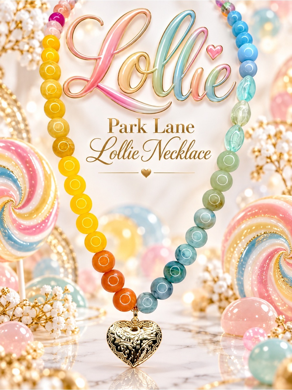 Park Lane Lollie Necklace Colorful Beaded Gold Heart Statement Jewelry NWT